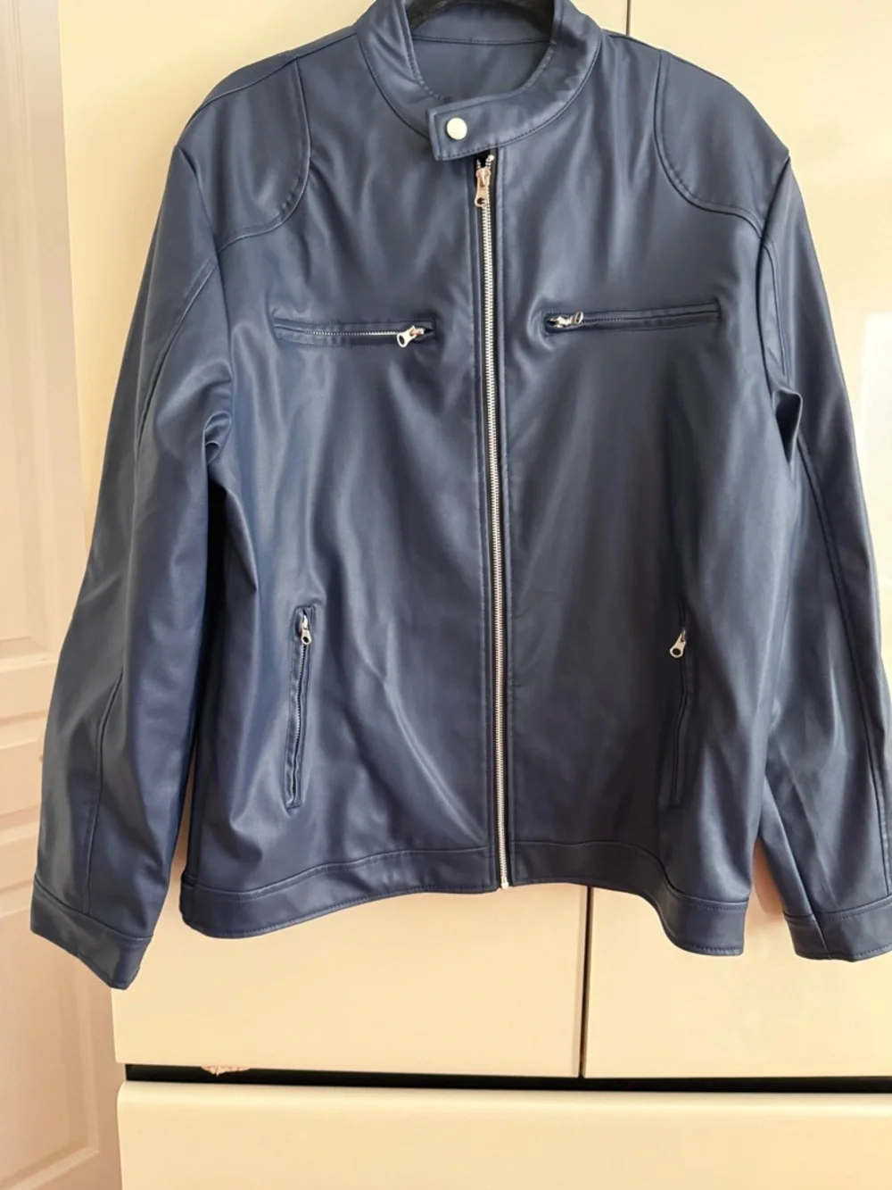 Men's Navy Faux Leather Moto Jacket